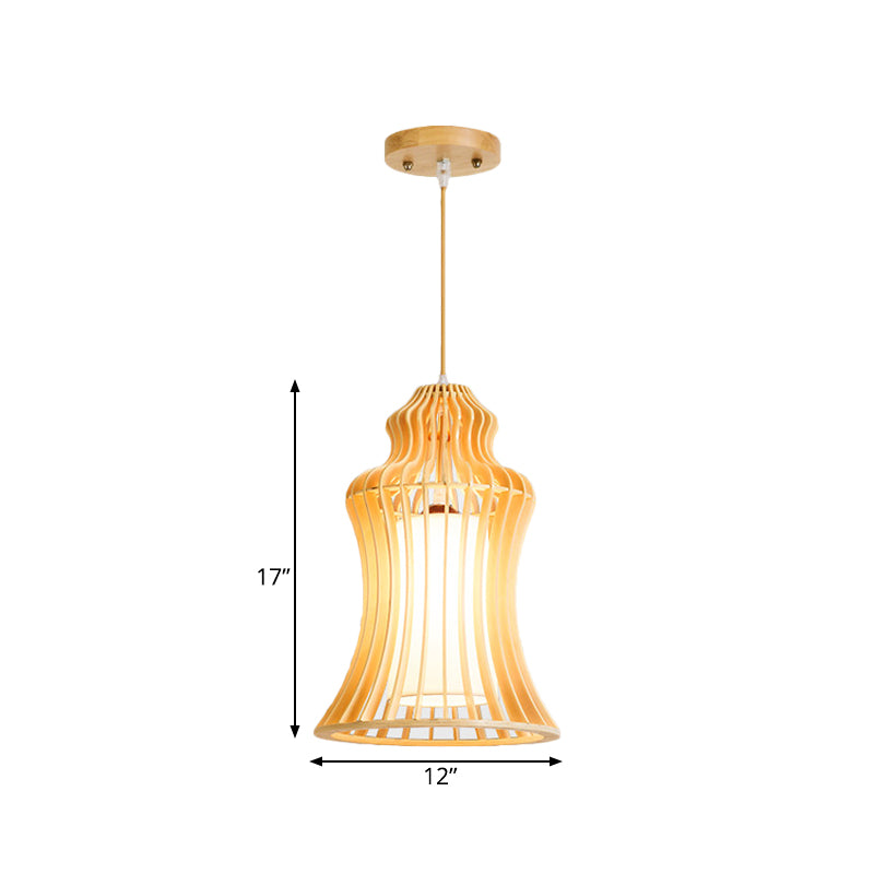 Curvaceous Cage Restaurant Hanging Light Wooden 1 Light Japanese Suspension Pendant with Inner Fabric Shade Clearhalo 'Ceiling Lights' 'Pendant Lights' 'Pendants' Lighting' 1458600