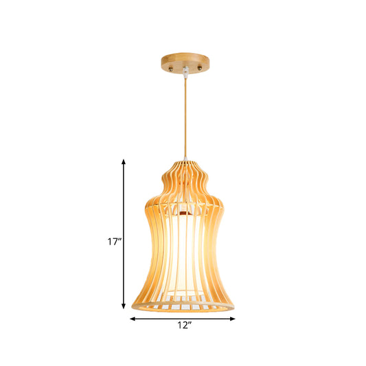 Curvaceous Cage Restaurant Hanging Light Wooden 1 Light Japanese Suspension Pendant with Inner Fabric Shade Clearhalo 'Ceiling Lights' 'Pendant Lights' 'Pendants' Lighting' 1458600