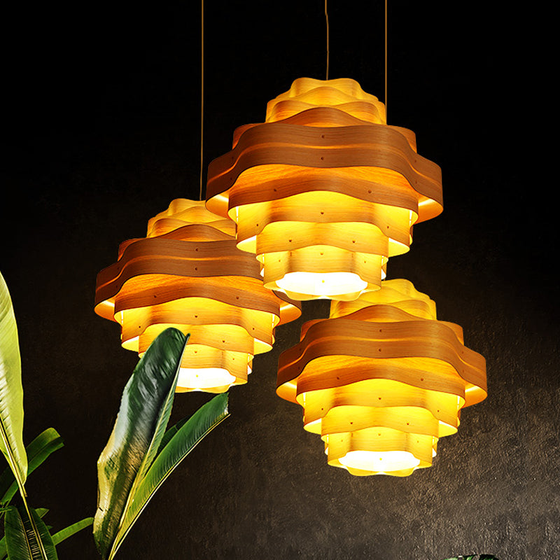 Wavy Layered Wood Pendant Lighting Asia Novelty 1 Bulb Beige Suspended Lighting Fixture Wood Clearhalo 'Ceiling Lights' 'Pendant Lights' 'Pendants' Lighting' 1458611_2554b148-53df-4060-89f8-deb38ca69ddb