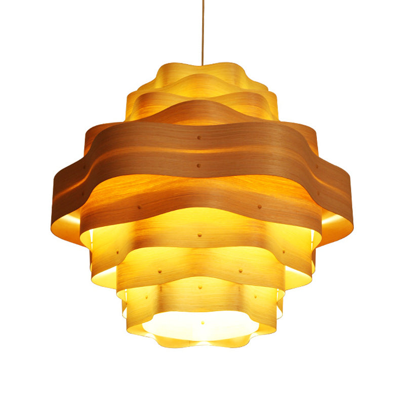 Wavy Layered Wood Pendant Lighting Asia Novelty 1 Bulb Beige Suspended Lighting Fixture Clearhalo 'Ceiling Lights' 'Pendant Lights' 'Pendants' Lighting' 1458614