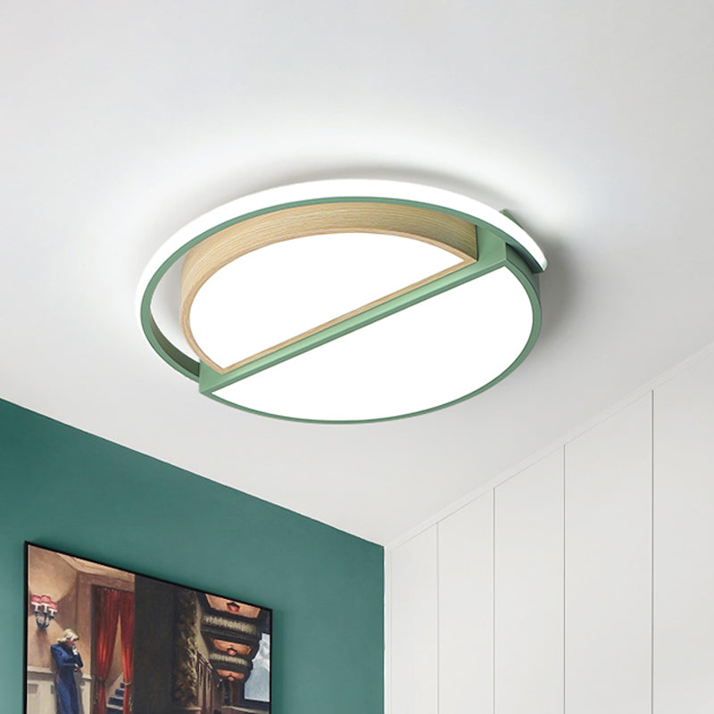 Macaron Sliced Round Iron Ceiling Fixture 16.5"/20.5" Wide LED Flush Mount Lighting in Green/Grey-Wood, Warm/White Light Clearhalo 'Ceiling Lights' 'Close To Ceiling Lights' 'Close to ceiling' 'Flush mount' Lighting' 1458626