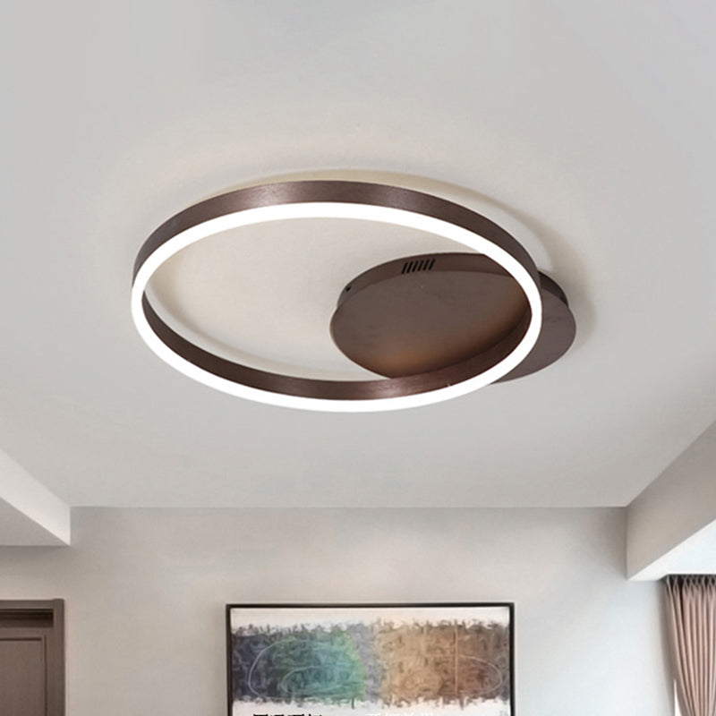 Minimalist 1/2-Head LED Ceiling Flush Aluminum Coffee Circle Flushmount Lighting in Warm/White Light, 12"/16"/8"+16" W Clearhalo 'Ceiling Lights' 'Close To Ceiling Lights' 'Close to ceiling' 'Flush mount' Lighting' 1458747