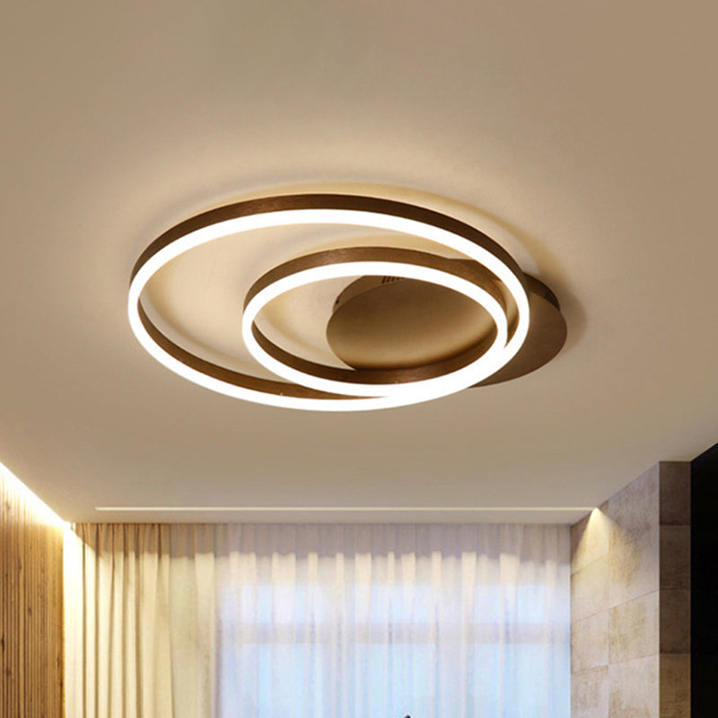 Minimalist 1/2-Head LED Ceiling Flush Aluminum Coffee Circle Flushmount Lighting in Warm/White Light, 12"/16"/8"+16" W Coffee 8"+16" Clearhalo 'Ceiling Lights' 'Close To Ceiling Lights' 'Close to ceiling' 'Flush mount' Lighting' 1458754