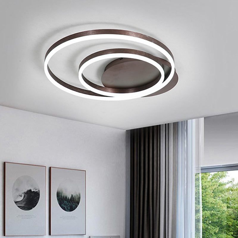 Minimalist 1/2-Head LED Ceiling Flush Aluminum Coffee Circle Flushmount Lighting in Warm/White Light, 12"/16"/8"+16" W Clearhalo 'Ceiling Lights' 'Close To Ceiling Lights' 'Close to ceiling' 'Flush mount' Lighting' 1458755