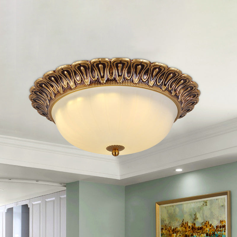 Minimalist Bowl Shaped Flushmount 2/3 Lights White Cloud Glass Ceiling Lighting Fixture with Brass Scalloped Trim Clearhalo 'Ceiling Lights' 'Close To Ceiling Lights' 'Close to ceiling' 'Flush mount' Lighting' 1458924