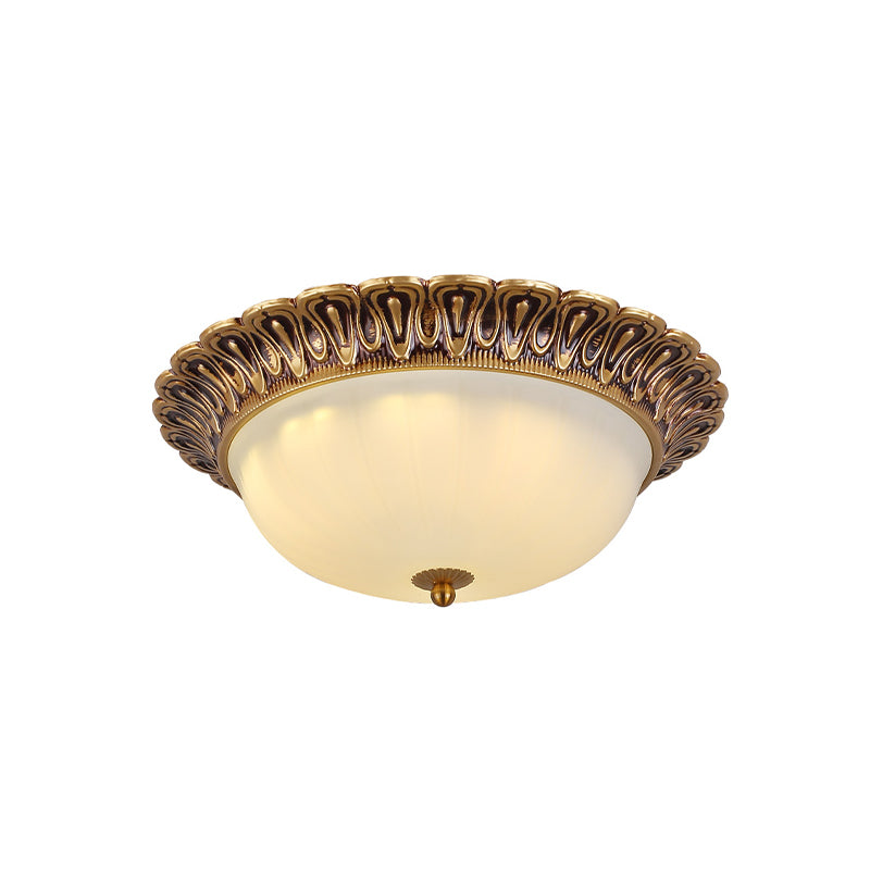 Minimalist Bowl Shaped Flushmount 2/3 Lights White Cloud Glass Ceiling Lighting Fixture with Brass Scalloped Trim Clearhalo 'Ceiling Lights' 'Close To Ceiling Lights' 'Close to ceiling' 'Flush mount' Lighting' 1458925