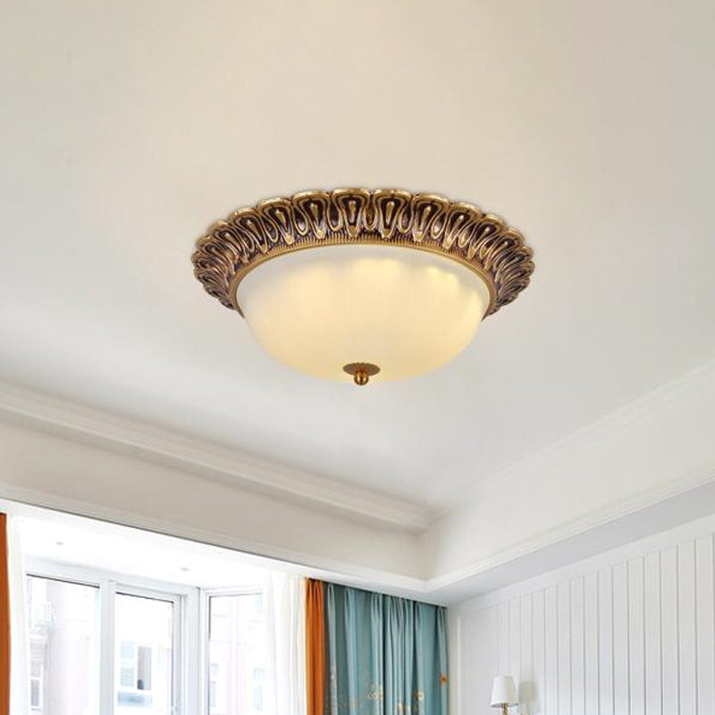 Minimalist Bowl Shaped Flushmount 2/3 Lights White Cloud Glass Ceiling Lighting Fixture with Brass Scalloped Trim Clearhalo 'Ceiling Lights' 'Close To Ceiling Lights' 'Close to ceiling' 'Flush mount' Lighting' 1458928