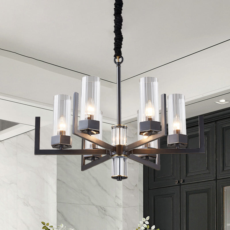 Black Radial Chandelier Vintage Metal 6-Bulb Dining Table Suspension Pendant Light with Flute Prismatic Glass Shade Clearhalo 'Ceiling Lights' 'Chandeliers' Lighting' options 1458937