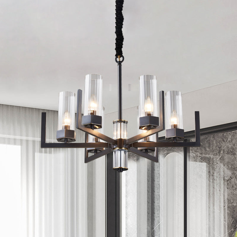 Black Radial Chandelier Vintage Metal 6-Bulb Dining Table Suspension Pendant Light with Flute Prismatic Glass Shade Clearhalo 'Ceiling Lights' 'Chandeliers' Lighting' options 1458938