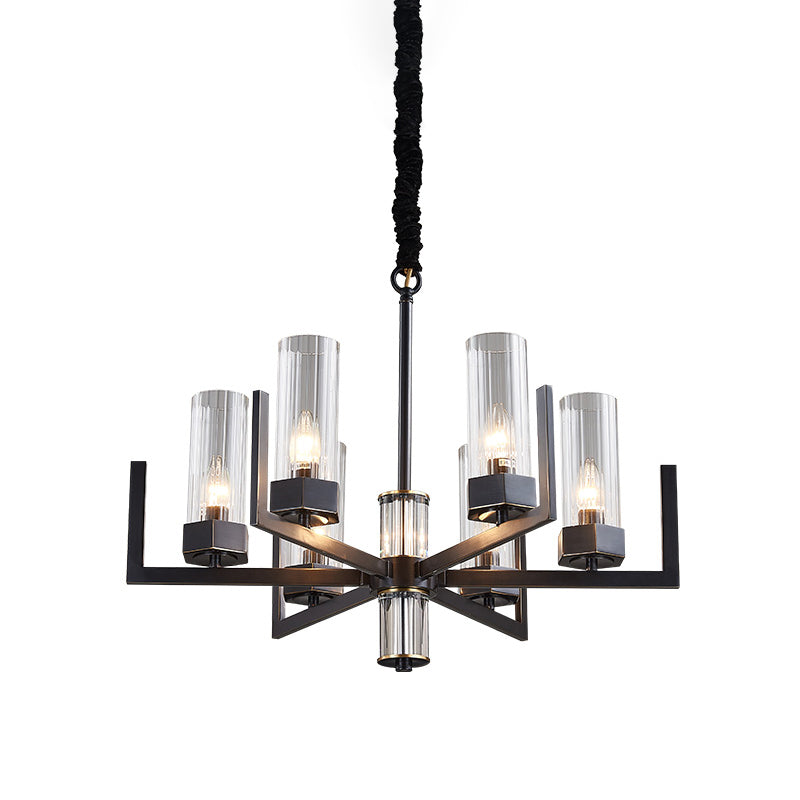 Black Radial Chandelier Vintage Metal 6-Bulb Dining Table Suspension Pendant Light with Flute Prismatic Glass Shade Clearhalo 'Ceiling Lights' 'Chandeliers' Lighting' options 1458939