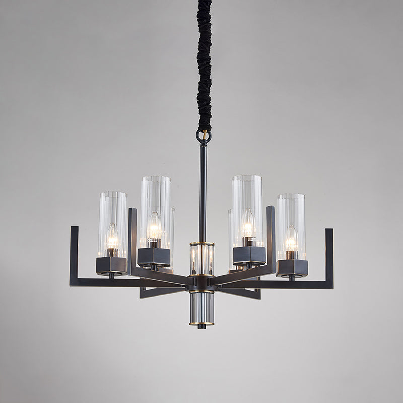 Black Radial Chandelier Vintage Metal 6-Bulb Dining Table Suspension Pendant Light with Flute Prismatic Glass Shade Clearhalo 'Ceiling Lights' 'Chandeliers' Lighting' options 1458940