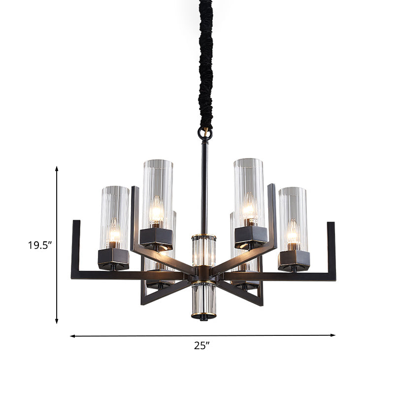 Black Radial Chandelier Vintage Metal 6-Bulb Dining Table Suspension Pendant Light with Flute Prismatic Glass Shade Clearhalo 'Ceiling Lights' 'Chandeliers' Lighting' options 1458941