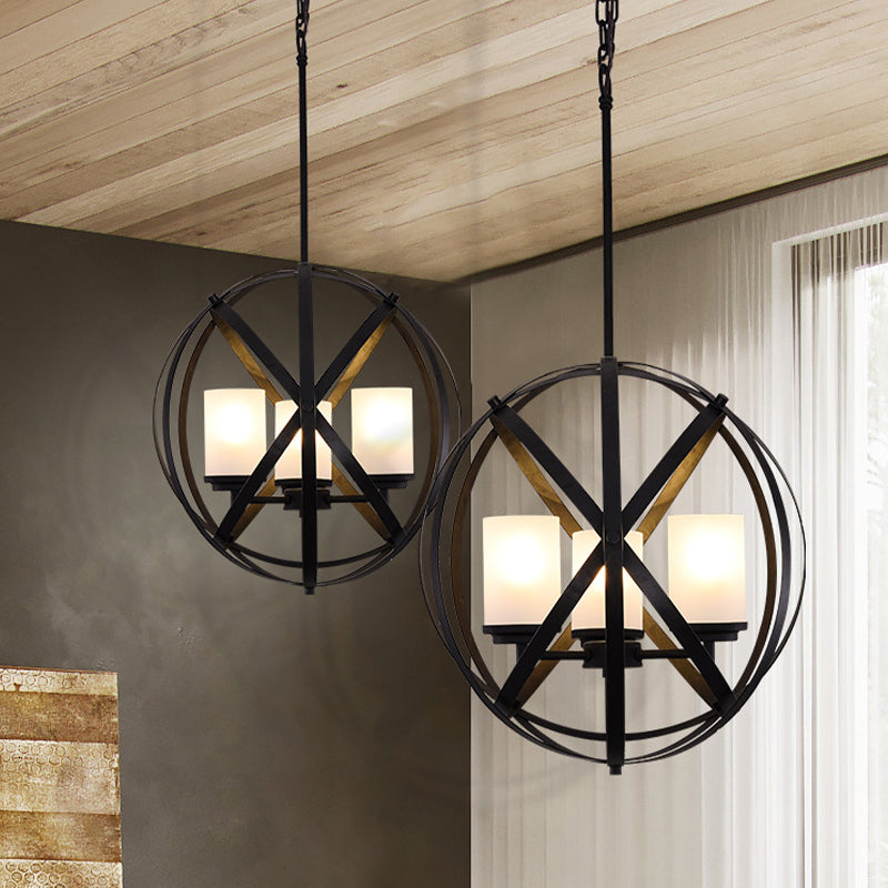 Black X-Brace Chandelier Lamp Warehouse Iron 3 Bulbs Restaurant Hanging Pendant Light with Pillar Milk Glass Shade Clearhalo 'Ceiling Lights' 'Chandeliers' Lighting' options 1458942