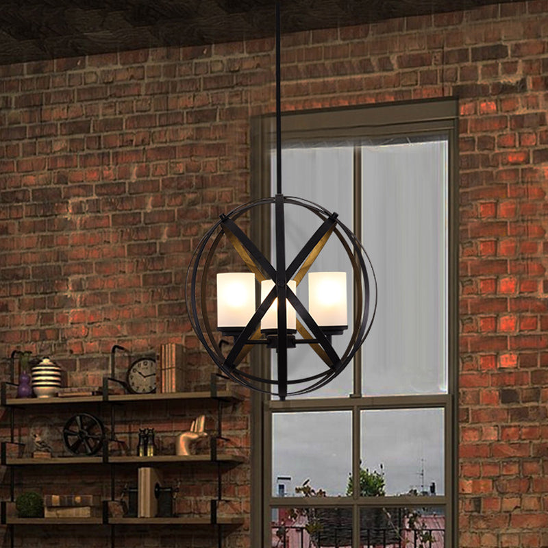 Black X-Brace Chandelier Lamp Warehouse Iron 3 Bulbs Restaurant Hanging Pendant Light with Pillar Milk Glass Shade Clearhalo 'Ceiling Lights' 'Chandeliers' Lighting' options 1458943