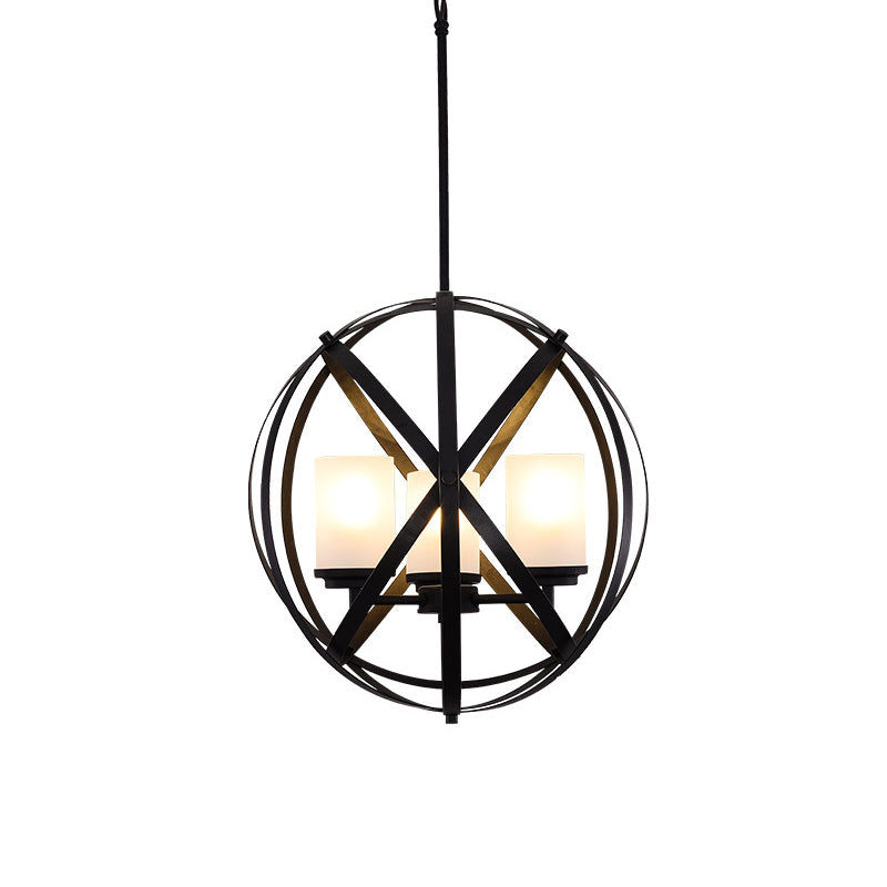 Black X-Brace Chandelier Lamp Warehouse Iron 3 Bulbs Restaurant Hanging Pendant Light with Pillar Milk Glass Shade Clearhalo 'Ceiling Lights' 'Chandeliers' Lighting' options 1458945