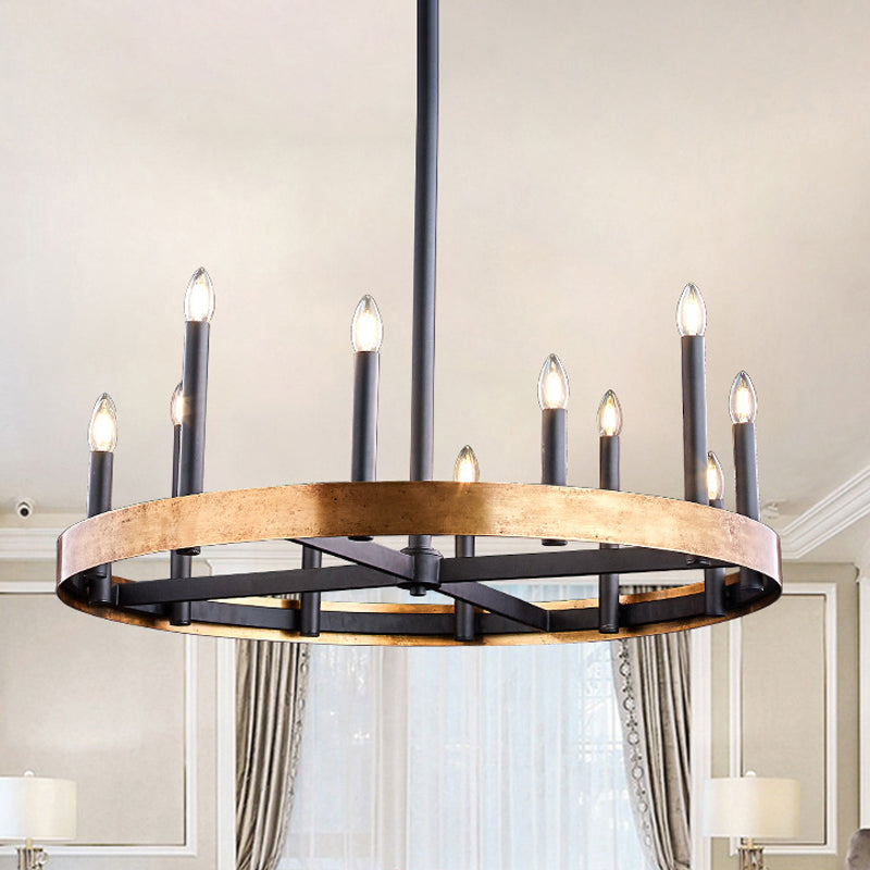 Mid-Century Wheel Chandelier 9/12 Heads Metal Ceiling Suspension Lamp in Black-Gold with Candle Design Clearhalo 'Ceiling Lights' 'Chandeliers' Lighting' options 1458965