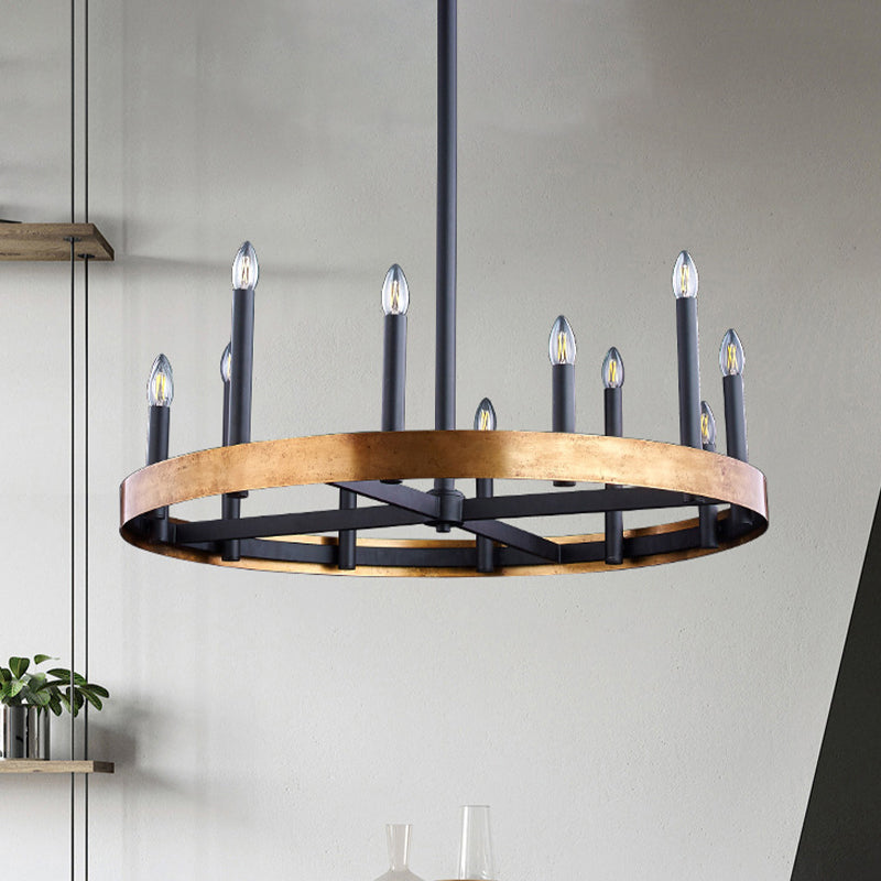 Mid-Century Wheel Chandelier 9/12 Heads Metal Ceiling Suspension Lamp in Black-Gold with Candle Design Clearhalo 'Ceiling Lights' 'Chandeliers' Lighting' options 1458966