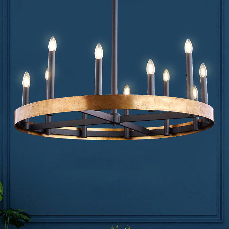 Mid-Century Wheel Chandelier 9/12 Heads Metal Ceiling Suspension Lamp in Black-Gold with Candle Design Clearhalo 'Ceiling Lights' 'Chandeliers' Lighting' options 1458967