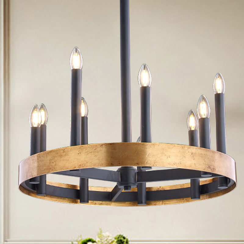 Mid-Century Wheel Chandelier 9/12 Heads Metal Ceiling Suspension Lamp in Black-Gold with Candle Design Clearhalo 'Ceiling Lights' 'Chandeliers' Lighting' options 1458970