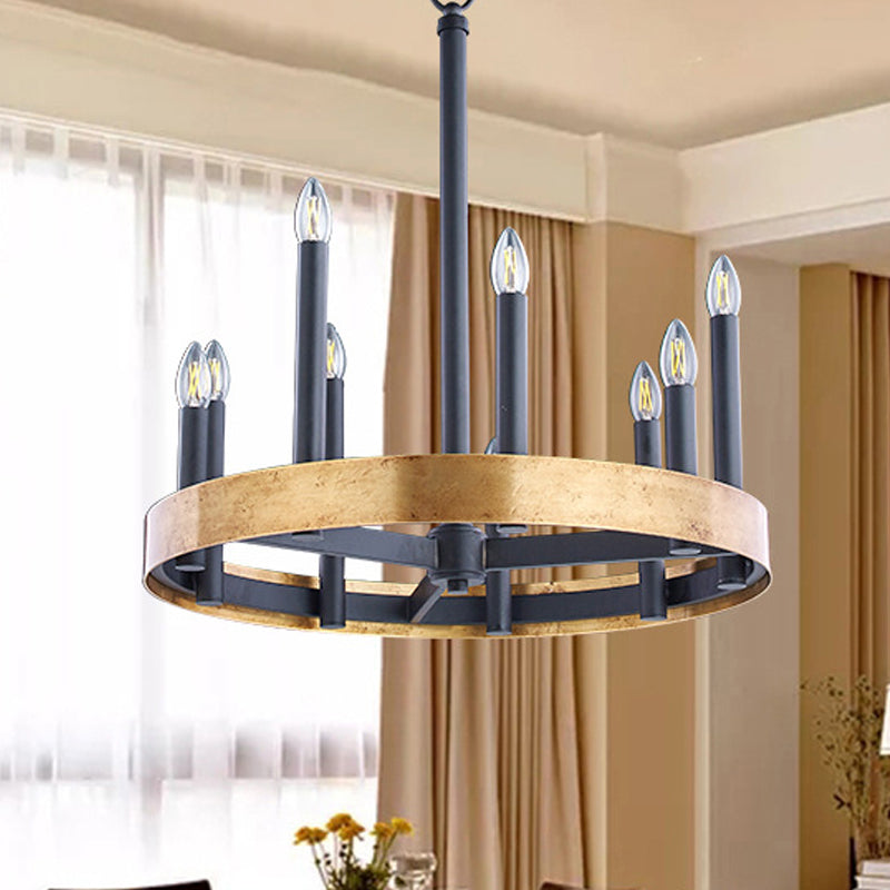 Mid-Century Wheel Chandelier 9/12 Heads Metal Ceiling Suspension Lamp in Black-Gold with Candle Design Clearhalo 'Ceiling Lights' 'Chandeliers' Lighting' options 1458971