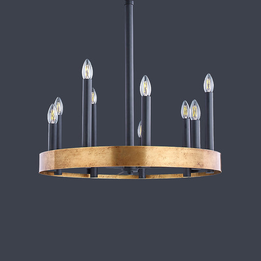 Mid-Century Wheel Chandelier 9/12 Heads Metal Ceiling Suspension Lamp in Black-Gold with Candle Design Clearhalo 'Ceiling Lights' 'Chandeliers' Lighting' options 1458973