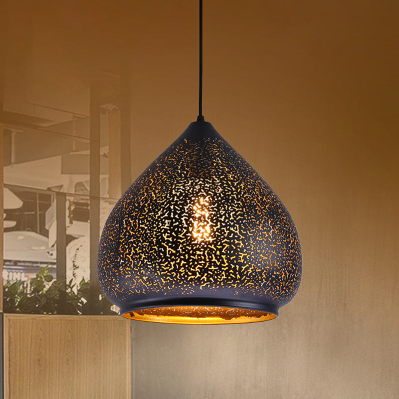 Teardrop Hollowed Out Iron Hanging Lamp Retro 1 Bulb Dining Table Pendant Light Fixture in Black, 8"/12" Width Clearhalo 'Ceiling Lights' 'Pendant Lights' 'Pendants' Lighting' 1458981