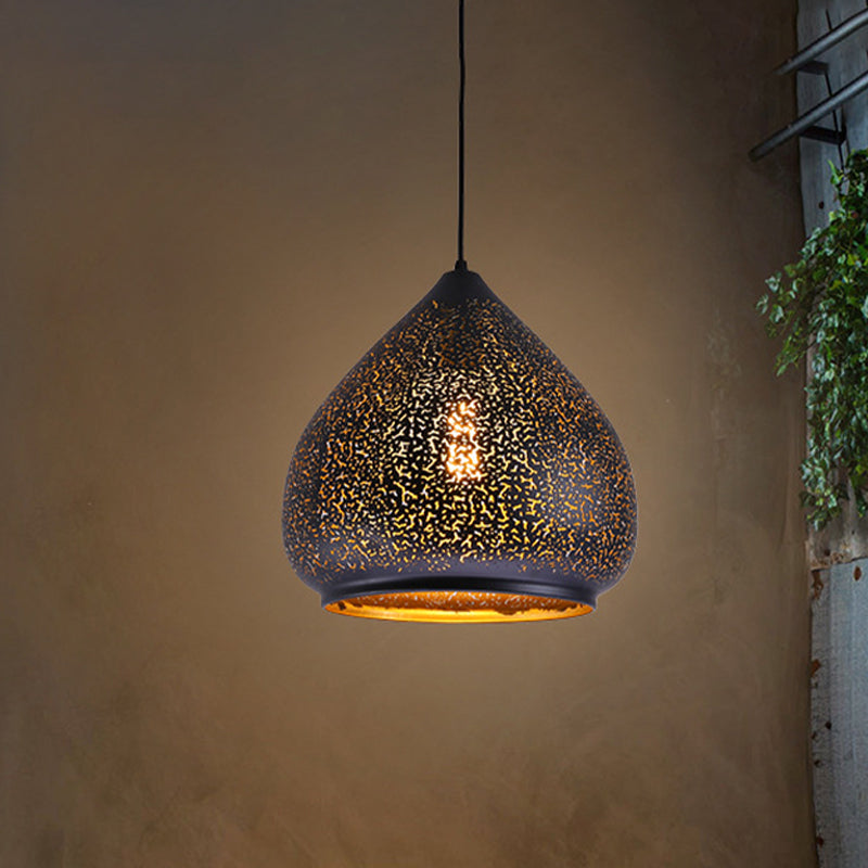 Teardrop Hollowed Out Iron Hanging Lamp Retro 1 Bulb Dining Table Pendant Light Fixture in Black, 8"/12" Width Clearhalo 'Ceiling Lights' 'Pendant Lights' 'Pendants' Lighting' 1458982