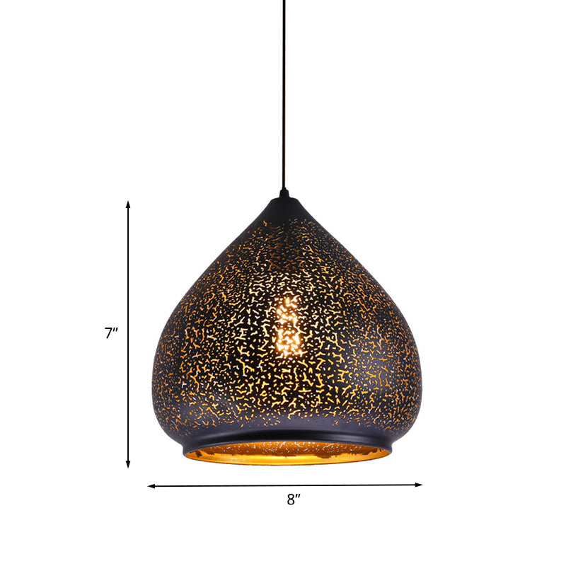 Teardrop Hollowed Out Iron Hanging Lamp Retro 1 Bulb Dining Table Pendant Light Fixture in Black, 8"/12" Width Clearhalo 'Ceiling Lights' 'Pendant Lights' 'Pendants' Lighting' 1458985