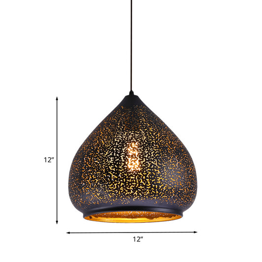 Teardrop Hollowed Out Iron Hanging Lamp Retro 1 Bulb Dining Table Pendant Light Fixture in Black, 8"/12" Width Clearhalo 'Ceiling Lights' 'Pendant Lights' 'Pendants' Lighting' 1458986