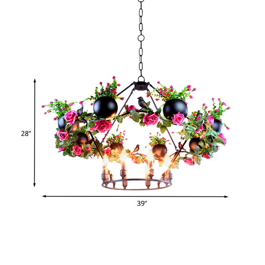 Iron Candle Ceiling Chandelier Industrial 6/8 Bulbs Restaurant Pendant Lamp in Black with Flower and Bird Decor Clearhalo 'Cast Iron' 'Ceiling Lights' 'Chandeliers' 'Industrial Chandeliers' 'Industrial' 'Metal' 'Middle Century Chandeliers' 'Rustic Chandeliers' 'Tiffany' Lighting' 1459112