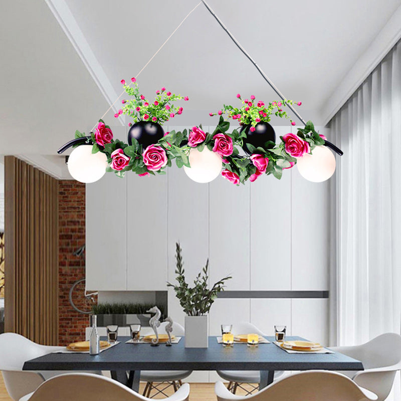 Ball Dining Room Island Lamp Industrial Opal Glass 3 Heads Black Flower Hanging Pendant Light Black Clearhalo 'Ceiling Lights' 'Island Lights' Lighting' 1459113