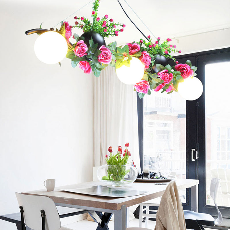 Ball Dining Room Island Lamp Industrial Opal Glass 3 Heads Black Flower Hanging Pendant Light Clearhalo 'Ceiling Lights' 'Island Lights' Lighting' 1459115