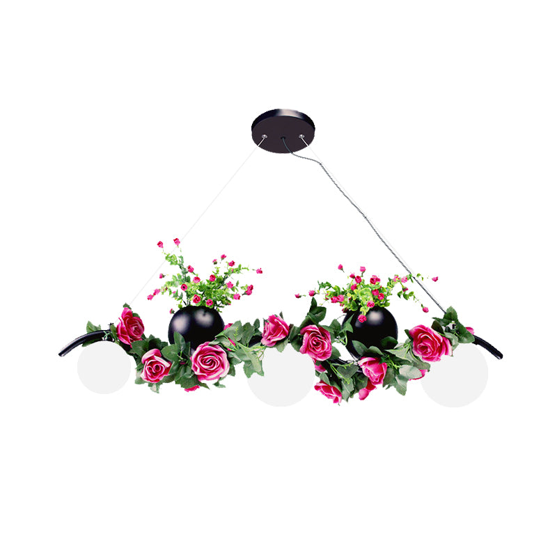 Ball Dining Room Island Lamp Industrial Opal Glass 3 Heads Black Flower Hanging Pendant Light Clearhalo 'Ceiling Lights' 'Island Lights' Lighting' 1459116