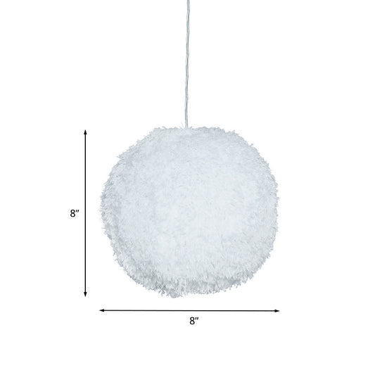 White Plush Globe Hanging Lamp Modern Vogue 1 Head Fabric Suspension Lighting for Bedroom, 8"/12" Dia Clearhalo 'Ceiling Lights' 'Modern Pendants' 'Modern' 'Pendant Lights' 'Pendants' Lighting' 1459146