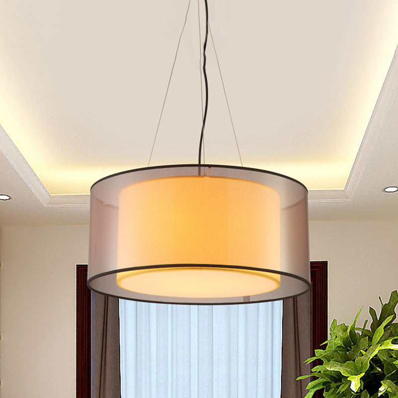 2 Layers Rectangle/Round Chandelier Modern Fabric 3 Bulbs Dining Room Ceiling Suspension Lamp in Flaxen Flaxen Round Clearhalo 'Ceiling Lights' 'Chandeliers' 'Modern Chandeliers' 'Modern' Lighting' 1459191