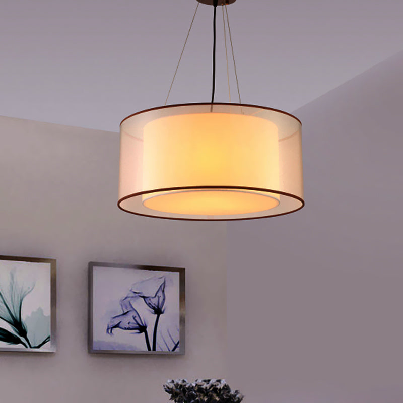 2 Layers Rectangle/Round Chandelier Modern Fabric 3 Bulbs Dining Room Ceiling Suspension Lamp in Flaxen Clearhalo 'Ceiling Lights' 'Chandeliers' 'Modern Chandeliers' 'Modern' Lighting' 1459192