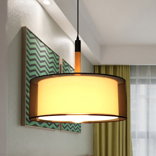 Black Dual Shade Rounded Pendant Lamp Modernism 1 Head Fabric Suspension Light with Wood Grip Black Clearhalo 'Ceiling Lights' 'Modern Pendants' 'Modern' 'Pendant Lights' 'Pendants' Lighting' 1459206