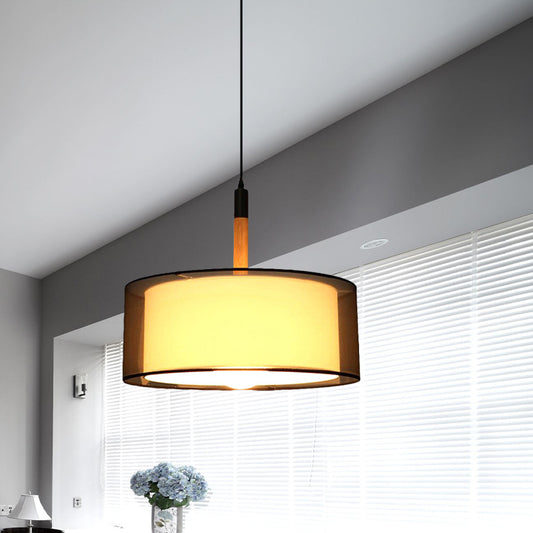 Black Dual Shade Rounded Pendant Lamp Modernism 1 Head Fabric Suspension Light with Wood Grip Clearhalo 'Ceiling Lights' 'Modern Pendants' 'Modern' 'Pendant Lights' 'Pendants' Lighting' 1459207