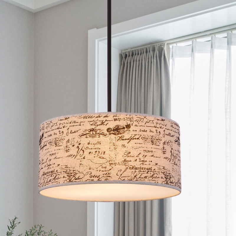 12"/16" Dia Modern Single Hanging Pendant Flaxen Drum Shaped Suspension Lighting with Script Lamp Shade Flaxen Clearhalo 'Ceiling Lights' 'Modern Pendants' 'Modern' 'Pendant Lights' 'Pendants' Lighting' 1459211