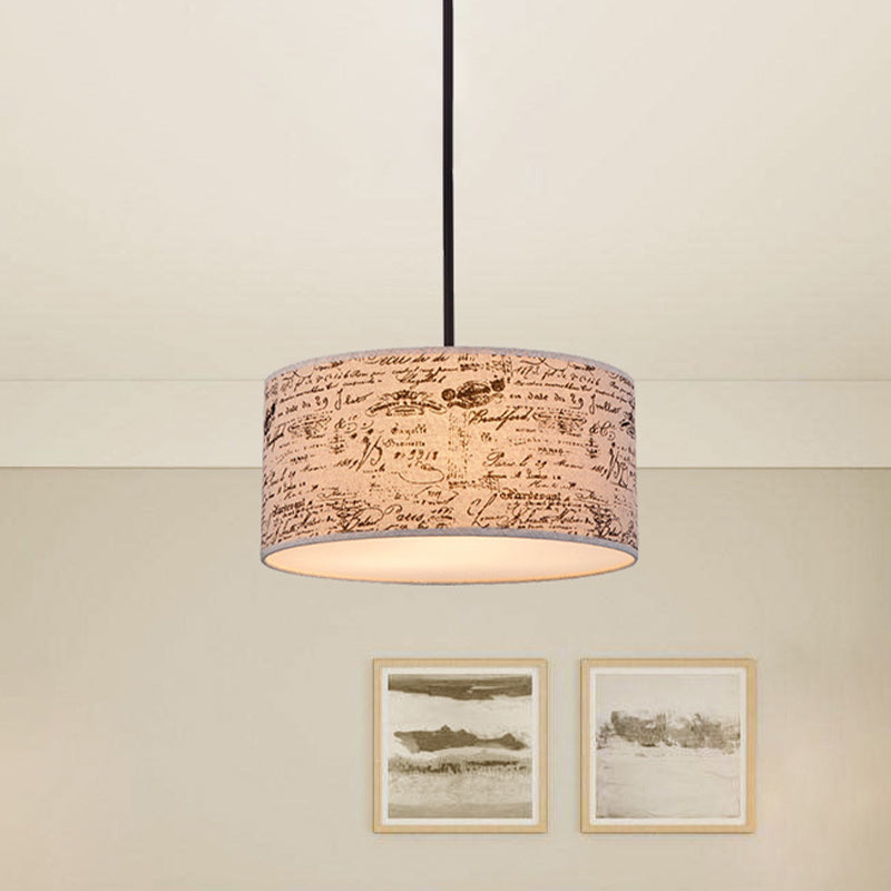 12"/16" Dia Modern Single Hanging Pendant Flaxen Drum Shaped Suspension Lighting with Script Lamp Shade Clearhalo 'Ceiling Lights' 'Modern Pendants' 'Modern' 'Pendant Lights' 'Pendants' Lighting' 1459212