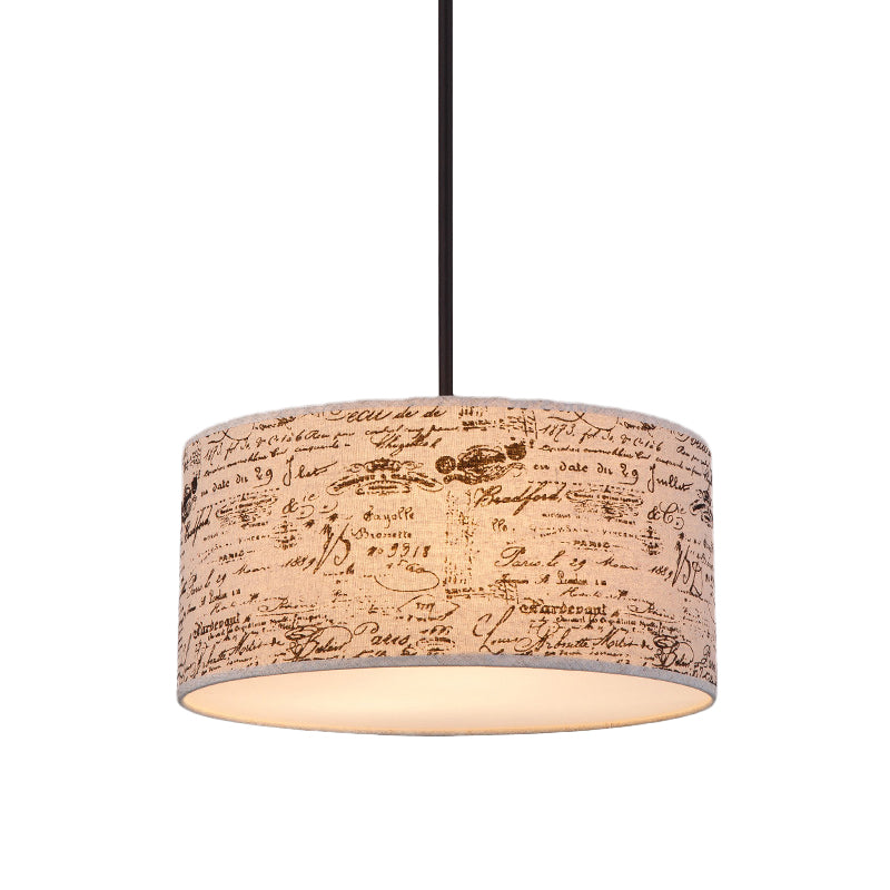 12"/16" Dia Modern Single Hanging Pendant Flaxen Drum Shaped Suspension Lighting with Script Lamp Shade Clearhalo 'Ceiling Lights' 'Modern Pendants' 'Modern' 'Pendant Lights' 'Pendants' Lighting' 1459214