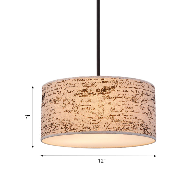 12"/16" Dia Modern Single Hanging Pendant Flaxen Drum Shaped Suspension Lighting with Script Lamp Shade Clearhalo 'Ceiling Lights' 'Modern Pendants' 'Modern' 'Pendant Lights' 'Pendants' Lighting' 1459215