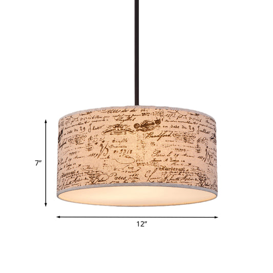 12"/16" Dia Modern Single Hanging Pendant Flaxen Drum Shaped Suspension Lighting with Script Lamp Shade Clearhalo 'Ceiling Lights' 'Modern Pendants' 'Modern' 'Pendant Lights' 'Pendants' Lighting' 1459215