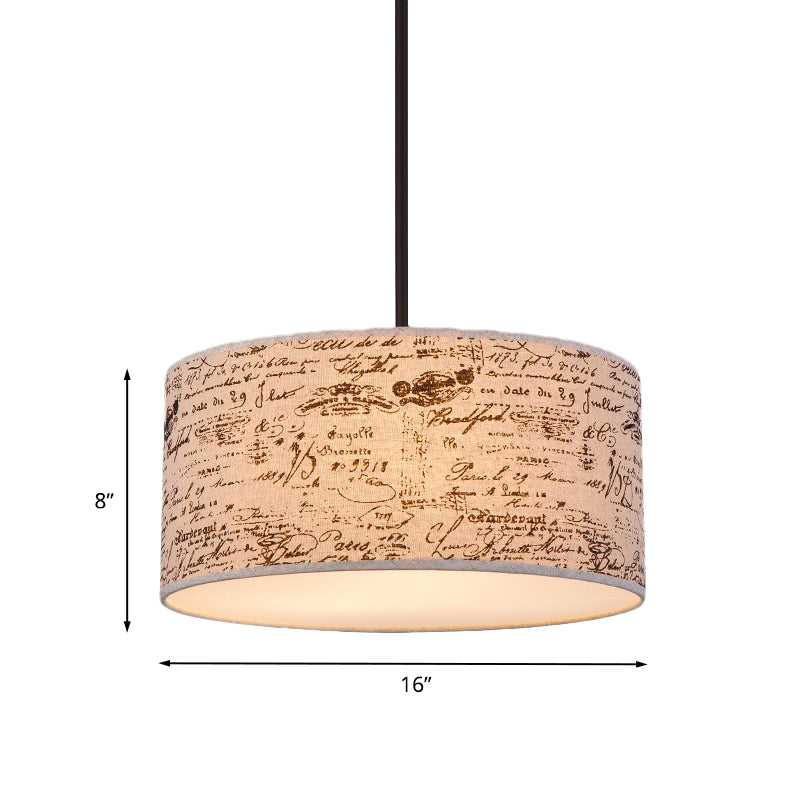 12"/16" Dia Modern Single Hanging Pendant Flaxen Drum Shaped Suspension Lighting with Script Lamp Shade Clearhalo 'Ceiling Lights' 'Modern Pendants' 'Modern' 'Pendant Lights' 'Pendants' Lighting' 1459216