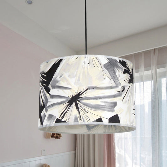 Printed Fabric Drum Shade Pendulum Light Contemporary 1 Bulb Black and White Pendant Lighting Fixture Black-White Clearhalo 'Ceiling Lights' 'Modern Pendants' 'Modern' 'Pendant Lights' 'Pendants' Lighting' 1459217