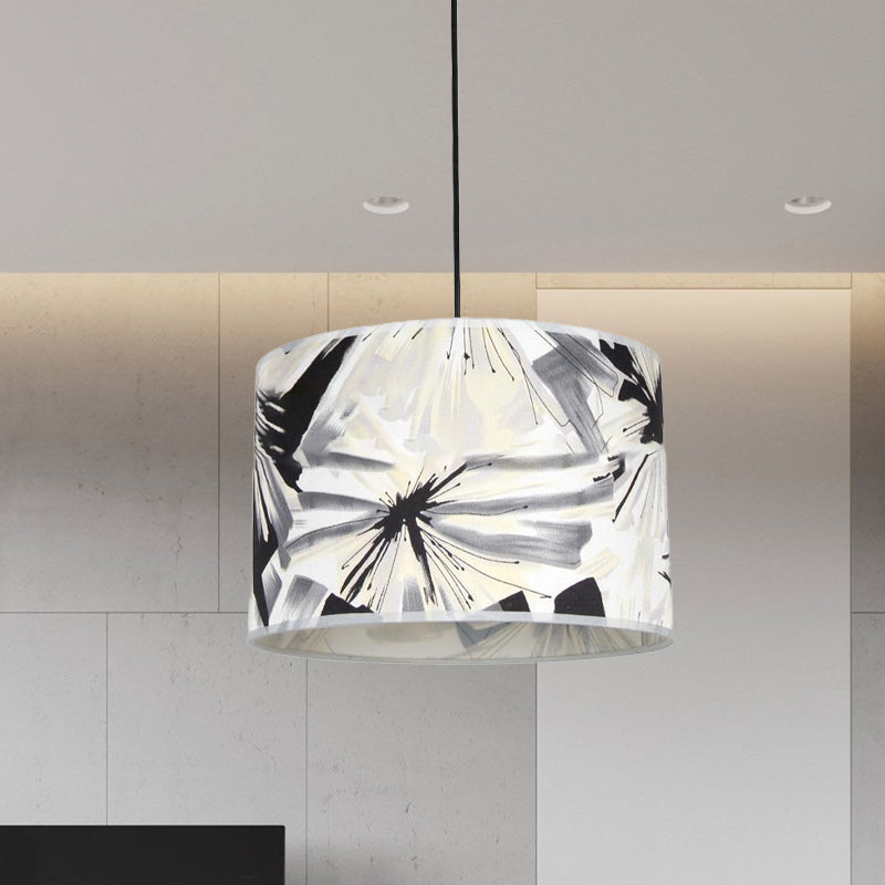 Printed Fabric Drum Shade Pendulum Light Contemporary 1 Bulb Black and White Pendant Lighting Fixture Clearhalo 'Ceiling Lights' 'Modern Pendants' 'Modern' 'Pendant Lights' 'Pendants' Lighting' 1459218