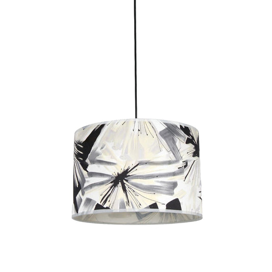 Printed Fabric Drum Shade Pendulum Light Contemporary 1 Bulb Black and White Pendant Lighting Fixture Clearhalo 'Ceiling Lights' 'Modern Pendants' 'Modern' 'Pendant Lights' 'Pendants' Lighting' 1459220