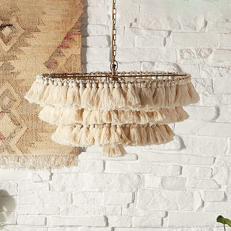 3-Tier Fringe Girl's Room Hanging Lamp Hand-Weaving Rope Single Modernist Pendant Ceiling Light in Beige Beige Clearhalo 'Ceiling Lights' 'Modern Pendants' 'Modern' 'Pendant Lights' 'Pendants' Lighting' 1459268