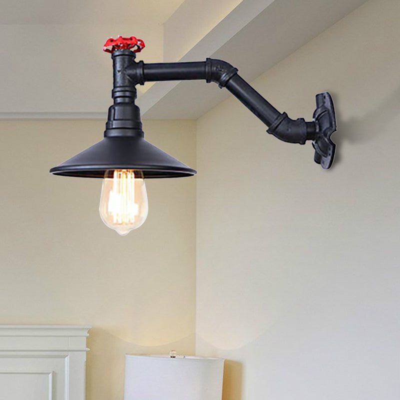 1 Head Pipe Wall Light with Cone Shade and Valve Vintage Industrial Black Metal Wall Lamp Sconce Black Clearhalo 'Art deco wall lights' 'Cast Iron' 'Glass' 'Industrial wall lights' 'Industrial' 'Middle century wall lights' 'Modern' 'Rustic wall lights' 'Tiffany' 'Traditional wall lights' 'Wall Lamps & Sconces' 'Wall Lights' Lighting' 145927