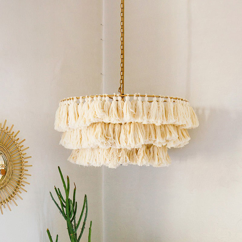 3-Tier Fringe Girl's Room Hanging Lamp Hand-Weaving Rope Single Modernist Pendant Ceiling Light in Beige Clearhalo 'Ceiling Lights' 'Modern Pendants' 'Modern' 'Pendant Lights' 'Pendants' Lighting' 1459270